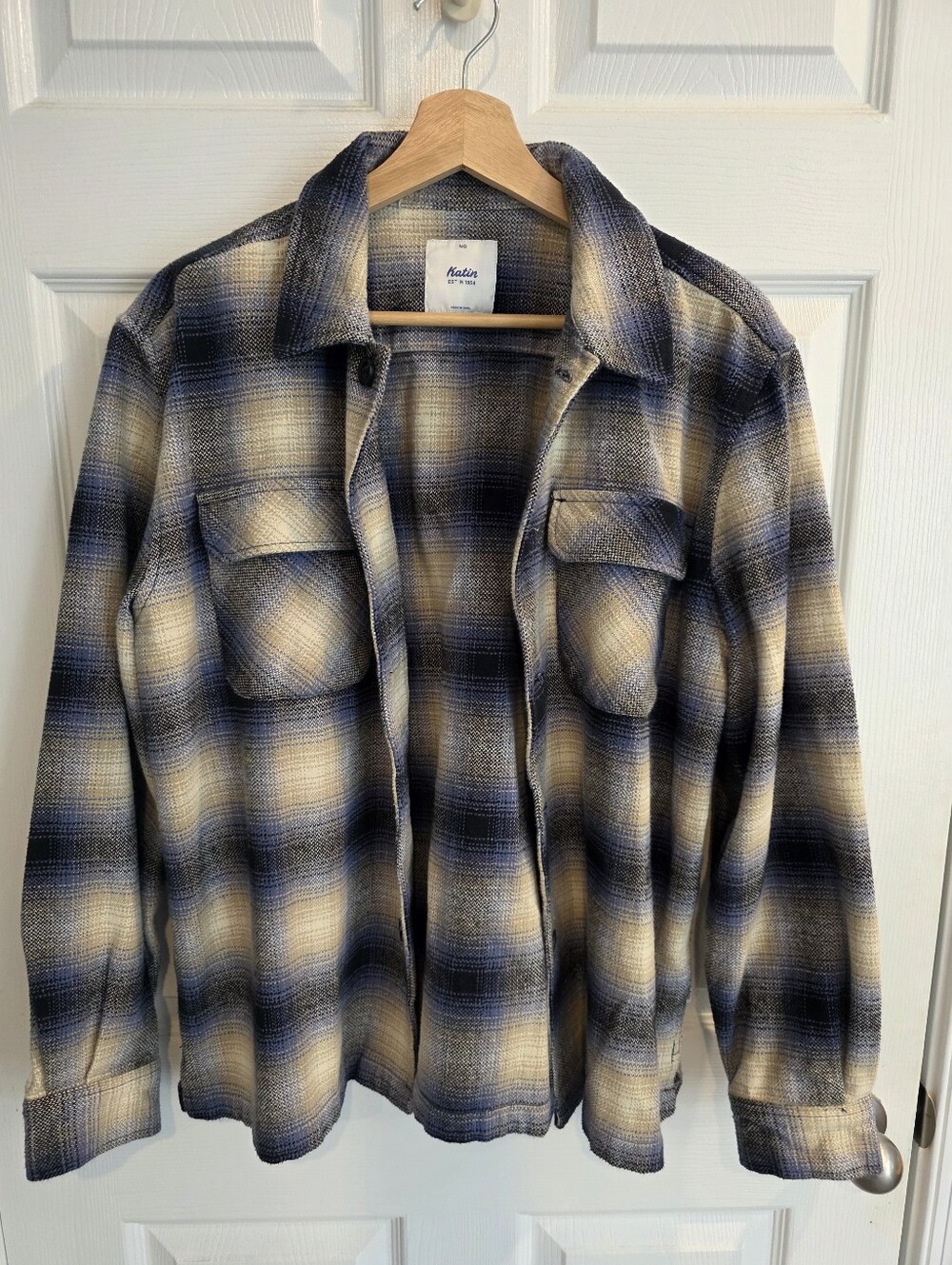Katin USA Mens Medium Blue Tan Ombré Shadow Plaid Heavyweight Flannel Shacket